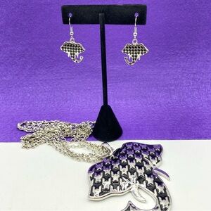 Elephant Necklace & Earrings Set Houndstooth Silver & Black